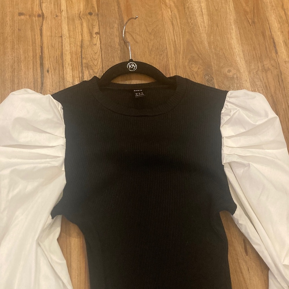 SHEIN Black Knit Dress with White Puff Long Sleeves - Picture 4 of 4